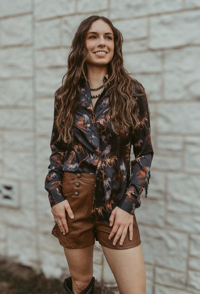 Black Horse Print Satin Snap BWN2S05430 - Southern Soule Designs