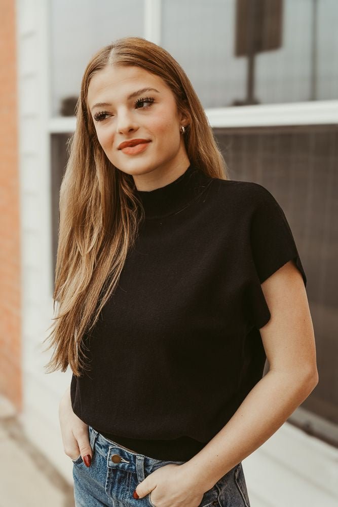 Black Knit Mock Neck Short Sleeve Top SG8414 - Southern Soule Designs