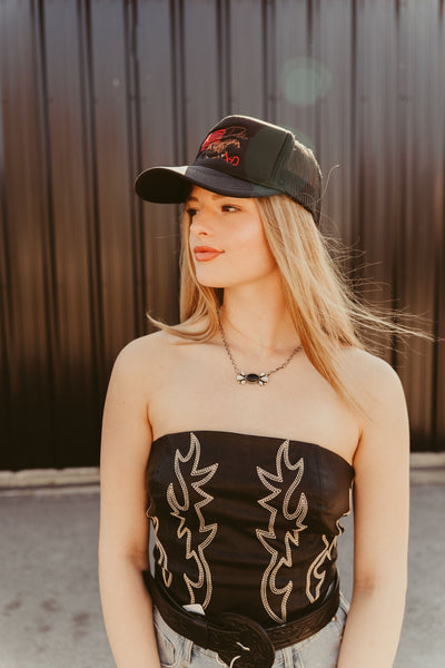 Black Leather Boot Stitch Embroidered Corset Tie Back TO720 - BLK - Southern Soule Designs