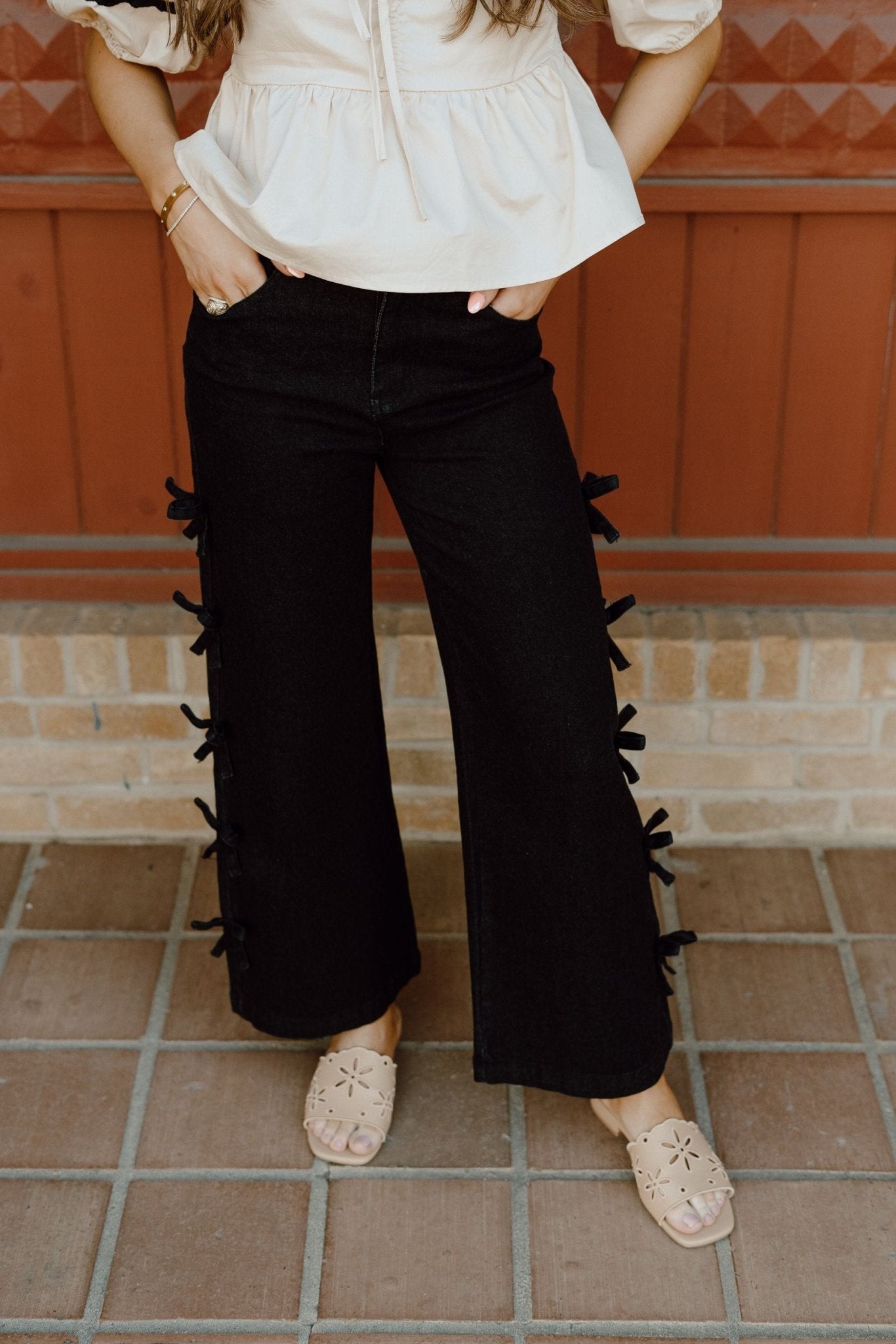 Black Mid - Rise Jeans with bows P25214 - Southern Soule Designs
