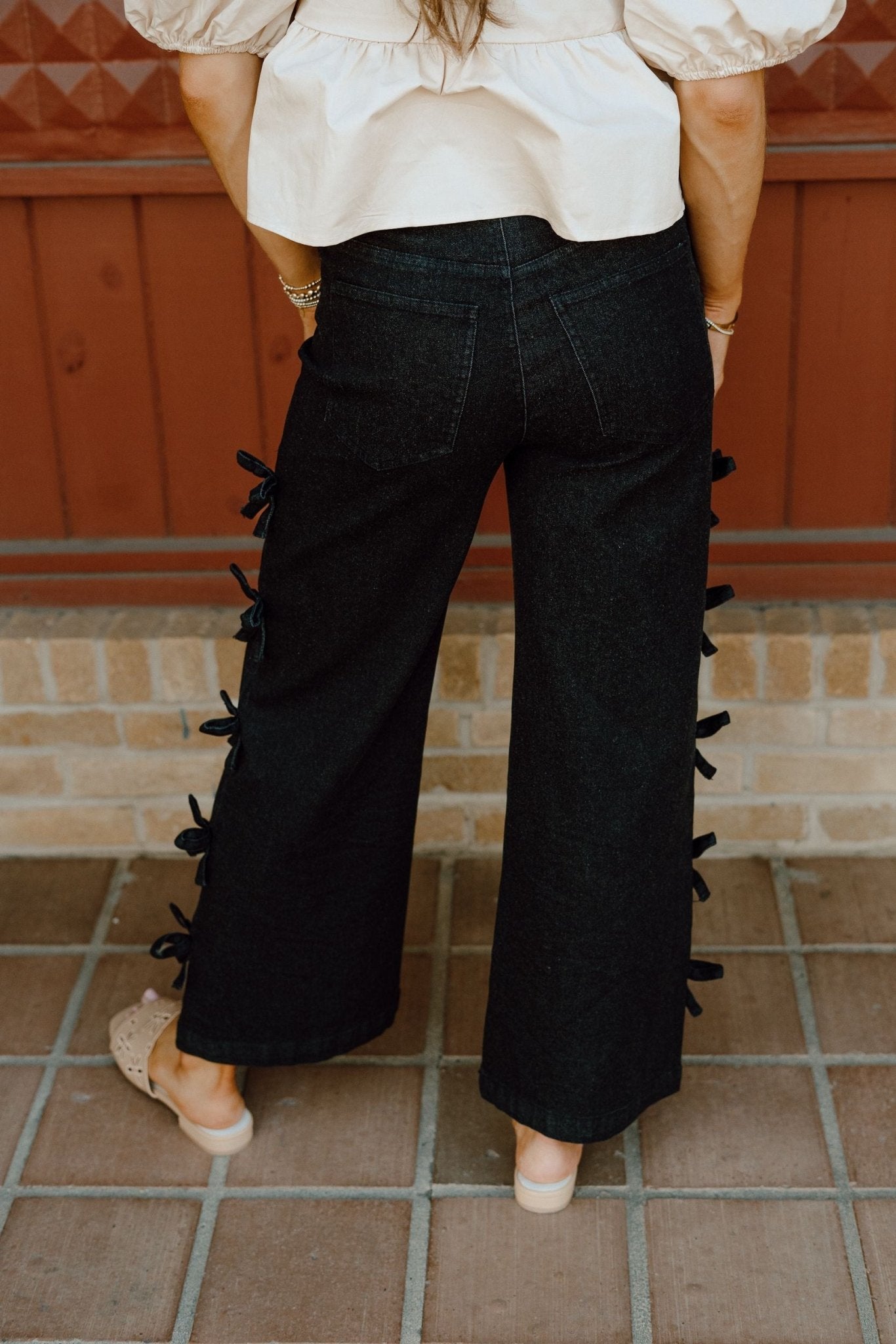 Black Mid - Rise Jeans with bows P25214 - Southern Soule Designs