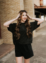 Black Mineral Washed Knit Top & Shorts - Southern Soule Designs