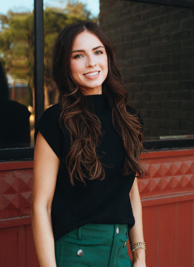 Black Mock Neck Sweater w/Laser Cut Scallop Detail T24746 - Southern Soule Designs