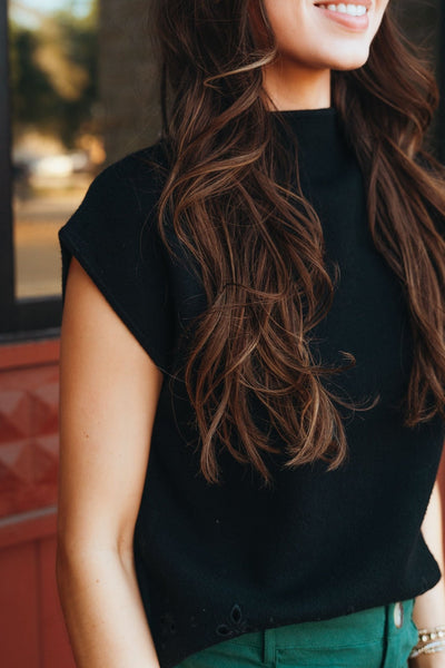 Black Mock Neck Sweater w/Laser Cut Scallop Detail T24746 - Southern Soule Designs