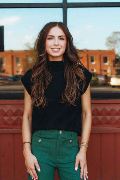 Black Mock Neck Sweater w/Laser Cut Scallop Detail T24746 - Southern Soule Designs