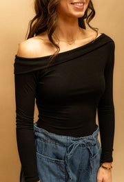 Black Off Shoulder Fitted Knit Bodysuit IT4668 - Southern Soule Designs