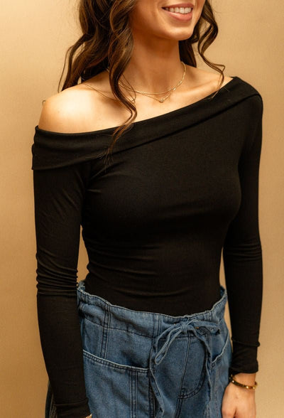 Black Off Shoulder Fitted Knit Bodysuit IT4668 - Southern Soule Designs