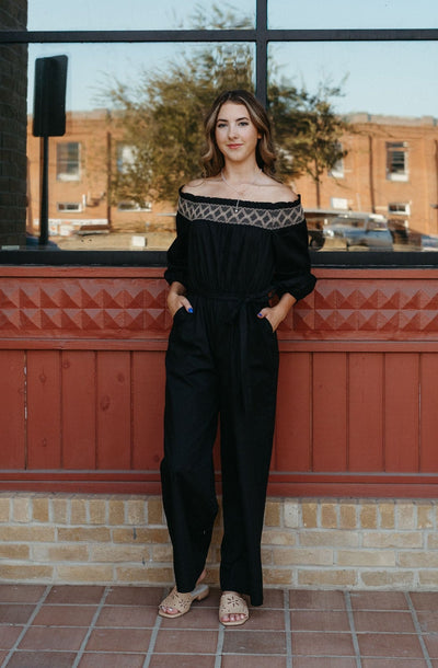 Black Off Shoulder Puff Long Sleeve Romper ILR4041 - Southern Soule Designs