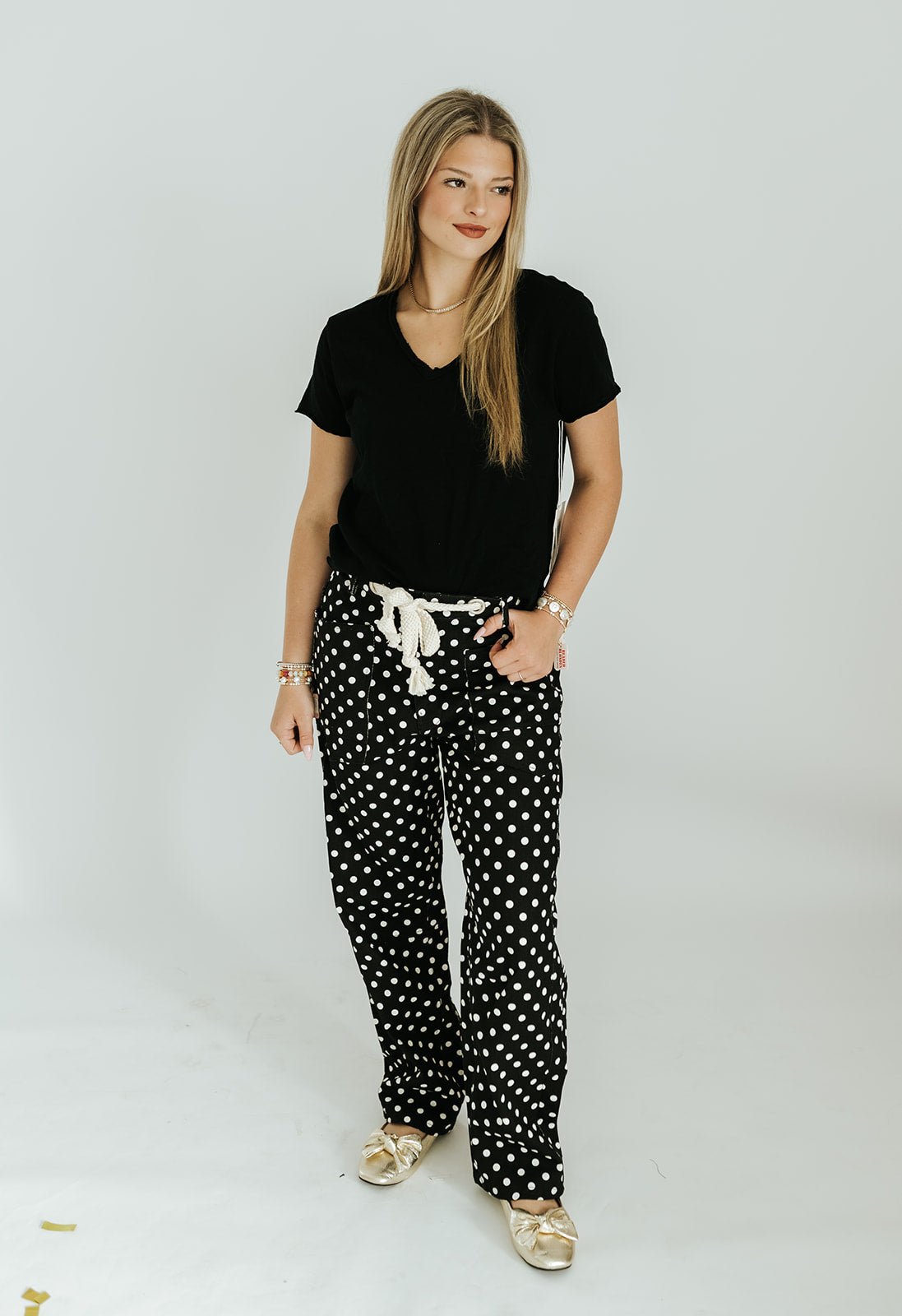 Black Polka Dots String Barrel Pants P10298LL - Southern Soule Designs