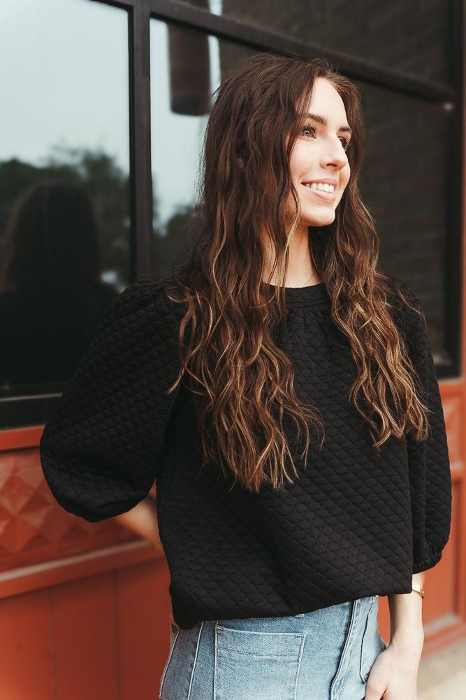 Black Quilt Textured Short Puff Sleeve Knit Top 34813 - Southern Soule Designs