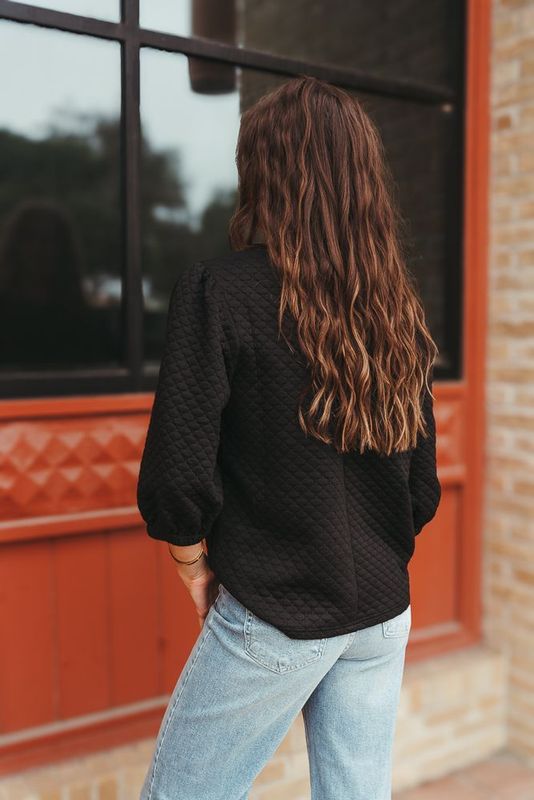 Black Quilt Textured Short Puff Sleeve Knit Top 34813 - Southern Soule Designs