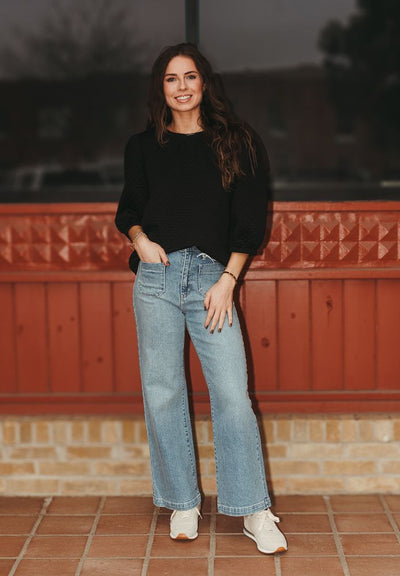 Black Quilt Textured Short Puff Sleeve Knit Top 34813 - Southern Soule Designs