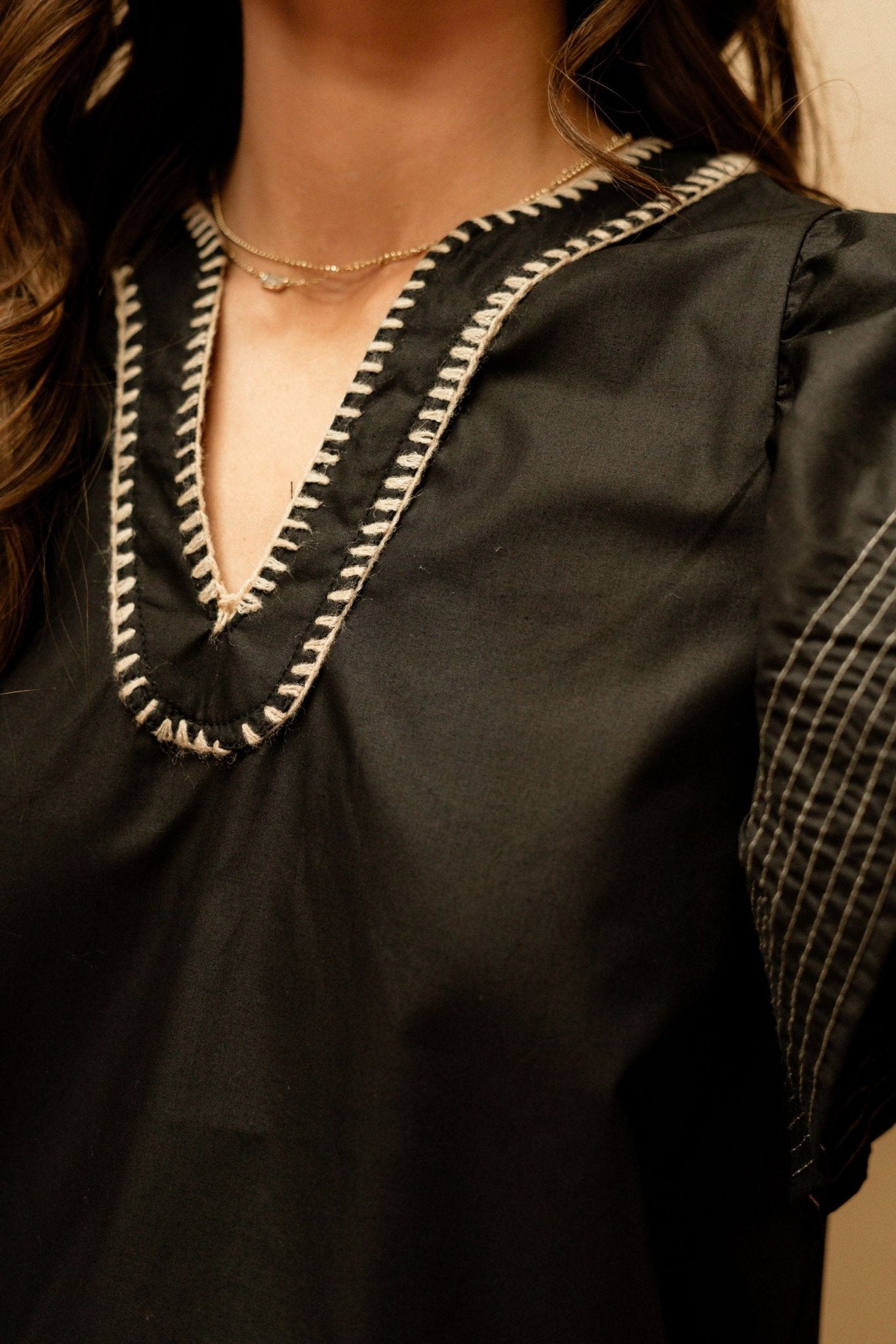 Black Ruffle V - Neck Blouse w/Contrast Stitching T24325 - Southern Soule Designs