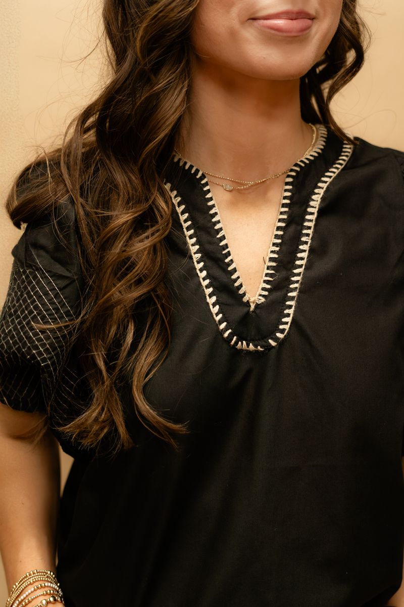 Black Ruffle V - Neck Blouse w/Contrast Stitching T24325 - Southern Soule Designs