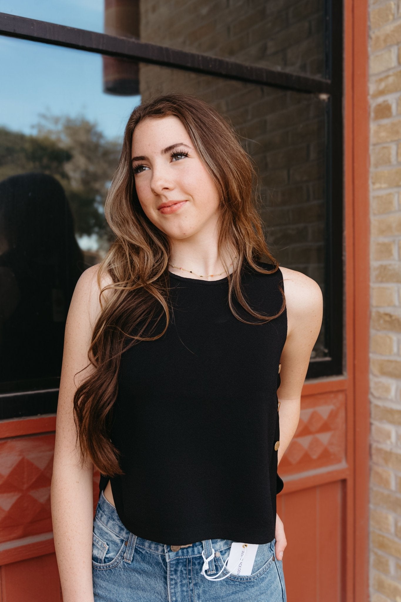 Black Sleeveless Sweater w/ Gold Buttons T25666 - Southern Soule Designs