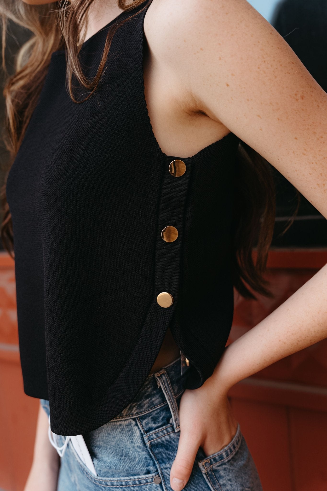 Black Sleeveless Sweater w/ Gold Buttons T25666 - Southern Soule Designs