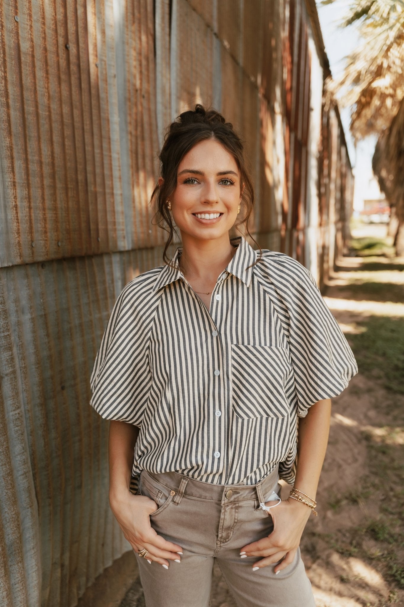 Black Striped Bubble Sleeve Button Down Top MTP3329 - Southern Soule Designs