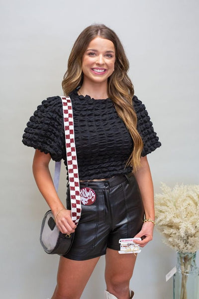 Black Texture Puff Slve Blouse - Southern Soule Designs