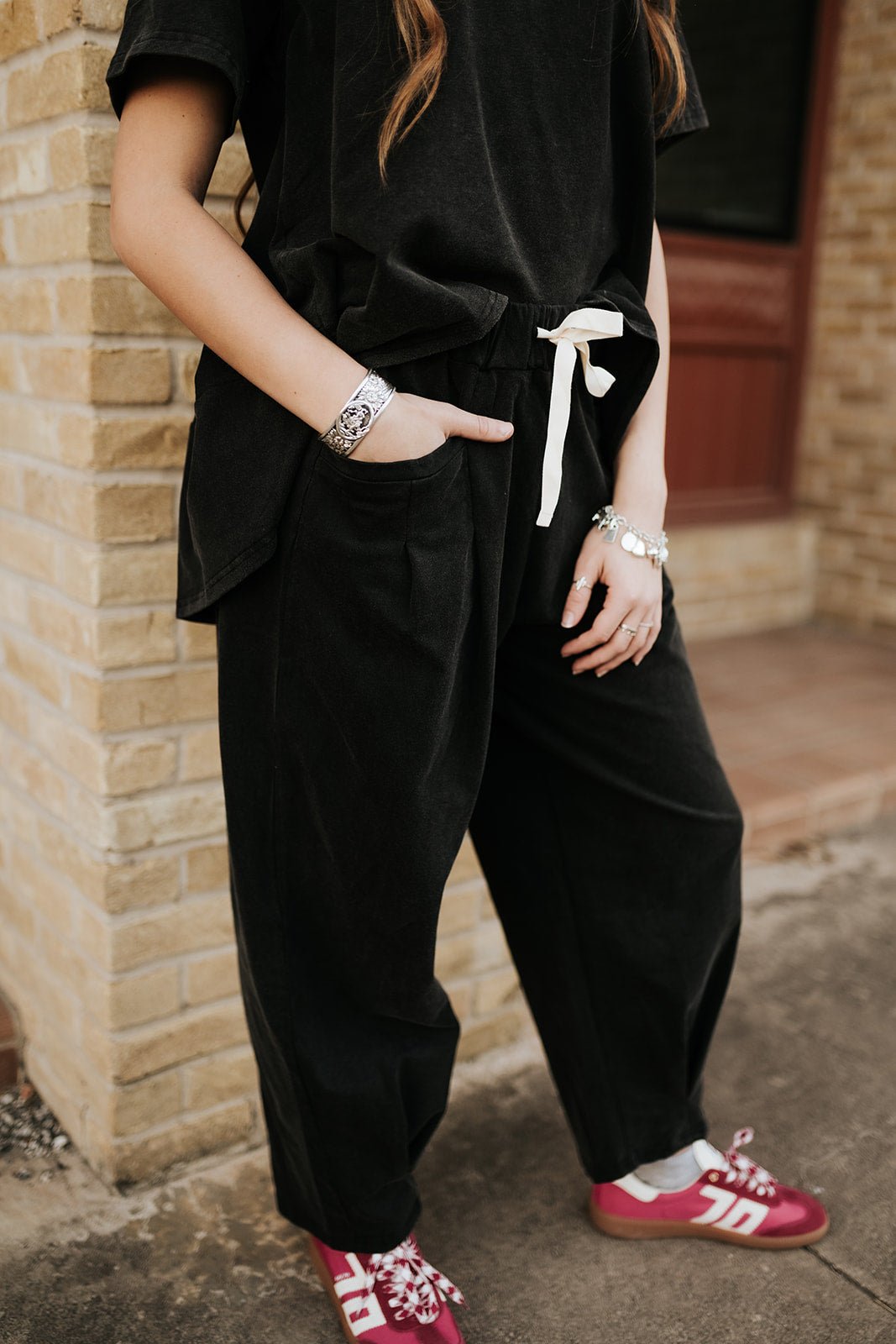 Black Washed Pleat Detail Short Sleeve Top and Pant Set DETP40335 - Southern Soule Designs