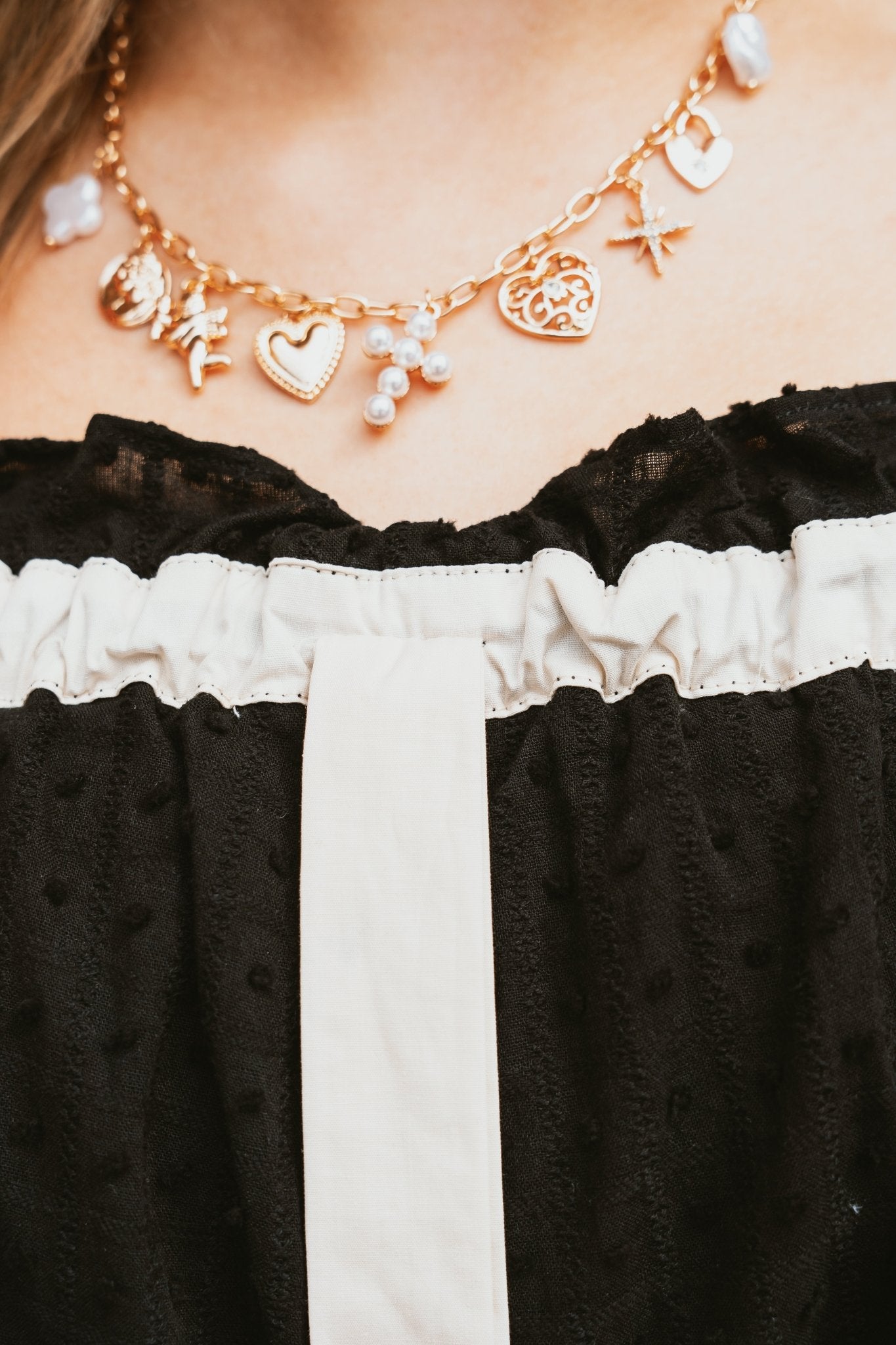 Black/Cream Oversized Romper with Bow Detail RI2190 - Southern Soule Designs