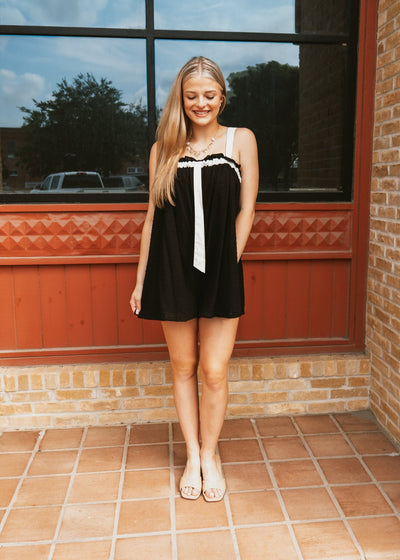 Black/Cream Oversized Romper with Bow Detail RI2190 - Southern Soule Designs