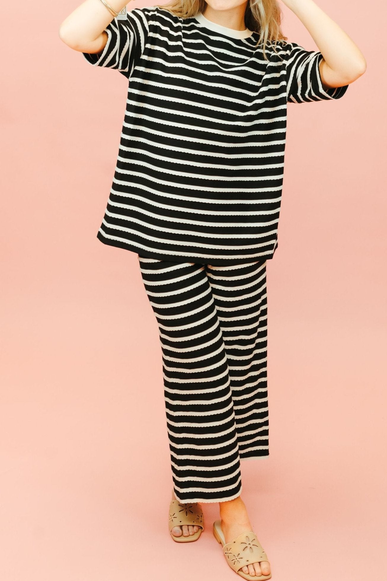 Black/Cream Scalloped Striped Oversized Top T3845 - Southern Soule Designs