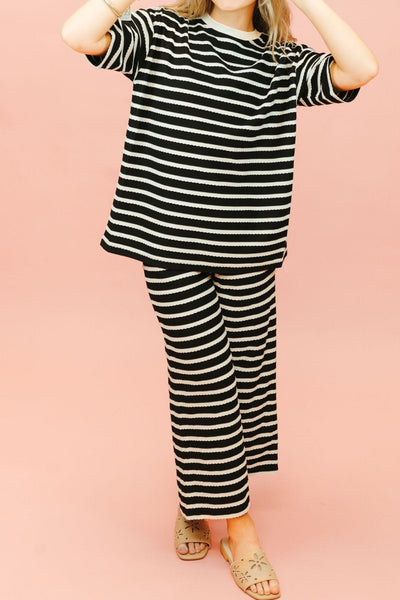 Black/Cream Scalloped Striped Oversized Top T3845 - Southern Soule Designs