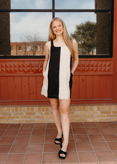 Black/Oatmeal Color Block Mini Dress D3367 - Southern Soule Designs