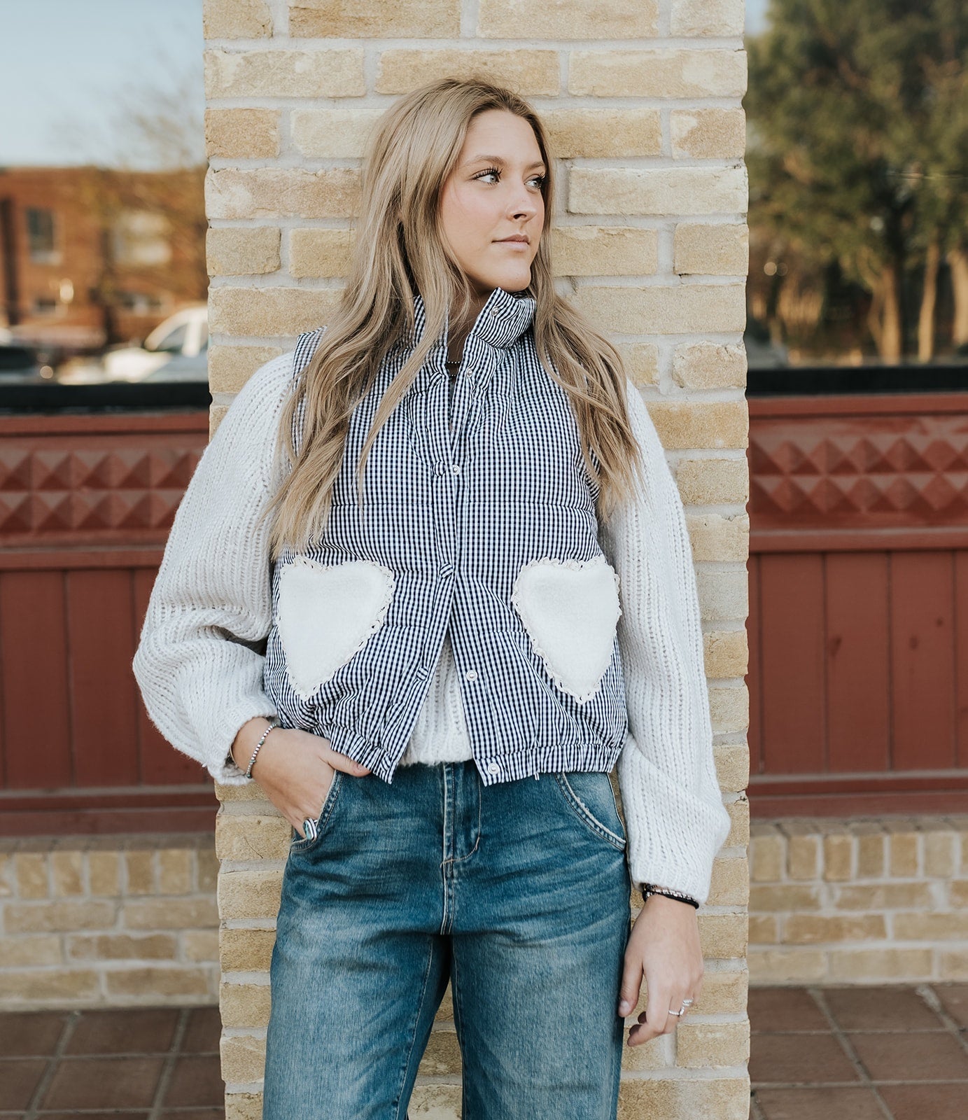Black/White Gingham Oversized Puffer Vest with Heart Shaped Pocket PJ6172 - Southern Soule Designs