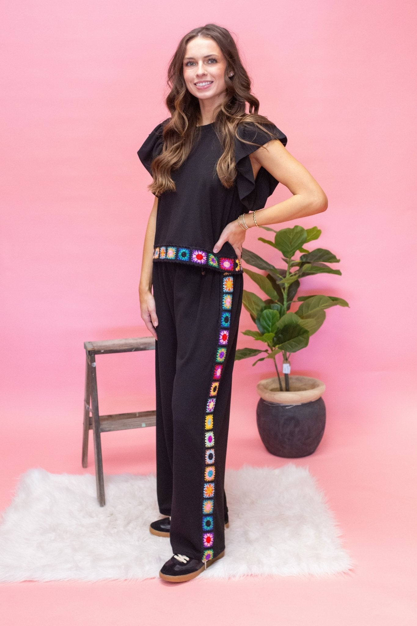 Blk Flutter Sleeve Emb Hem Top T24301 - Southern Soule Designs