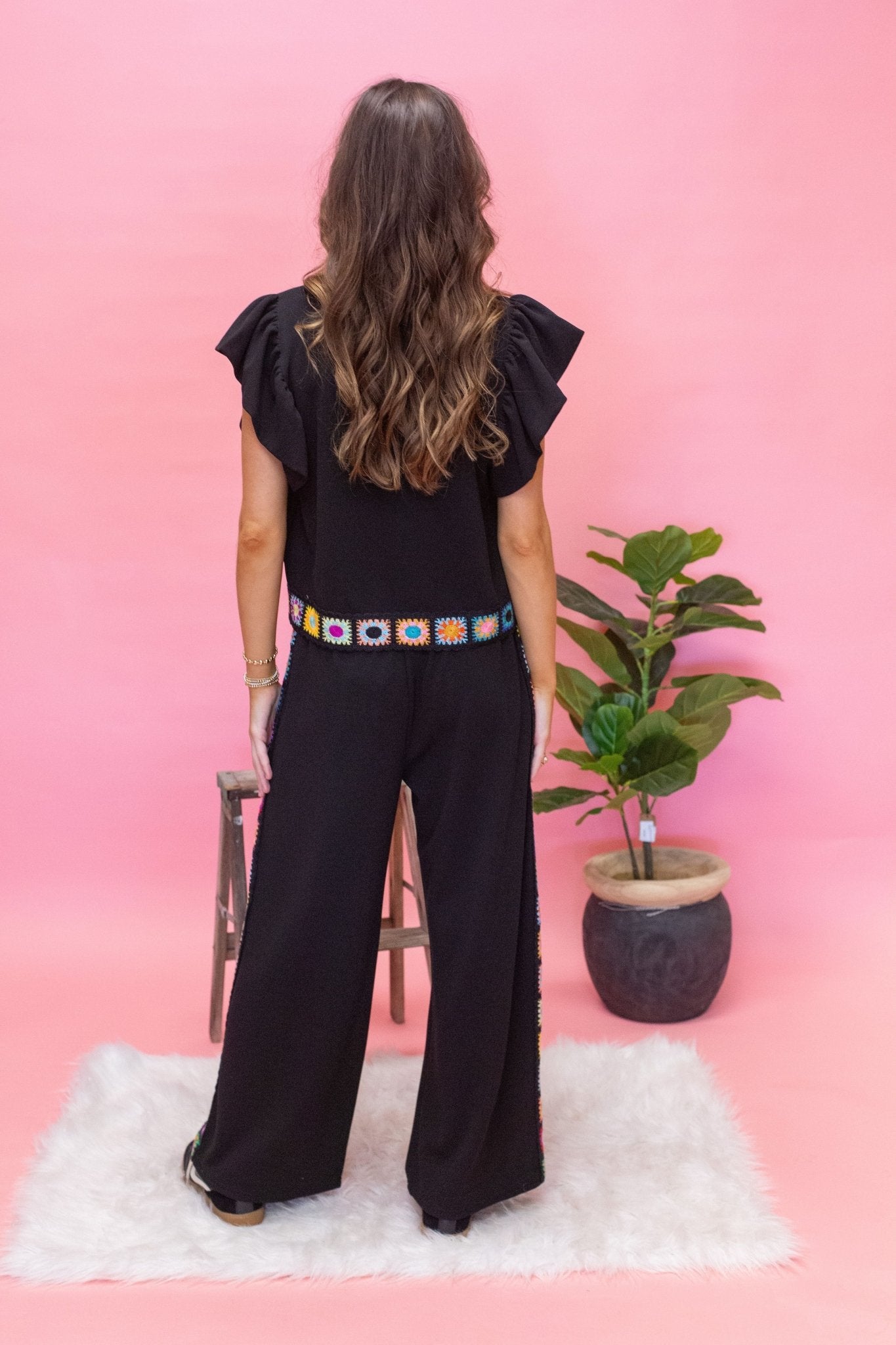 Blk Wide Leg Emb Side Pants P24302 - Southern Soule Designs