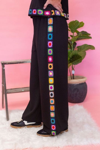 Blk Wide Leg Emb Side Pants P24302 - Southern Soule Designs