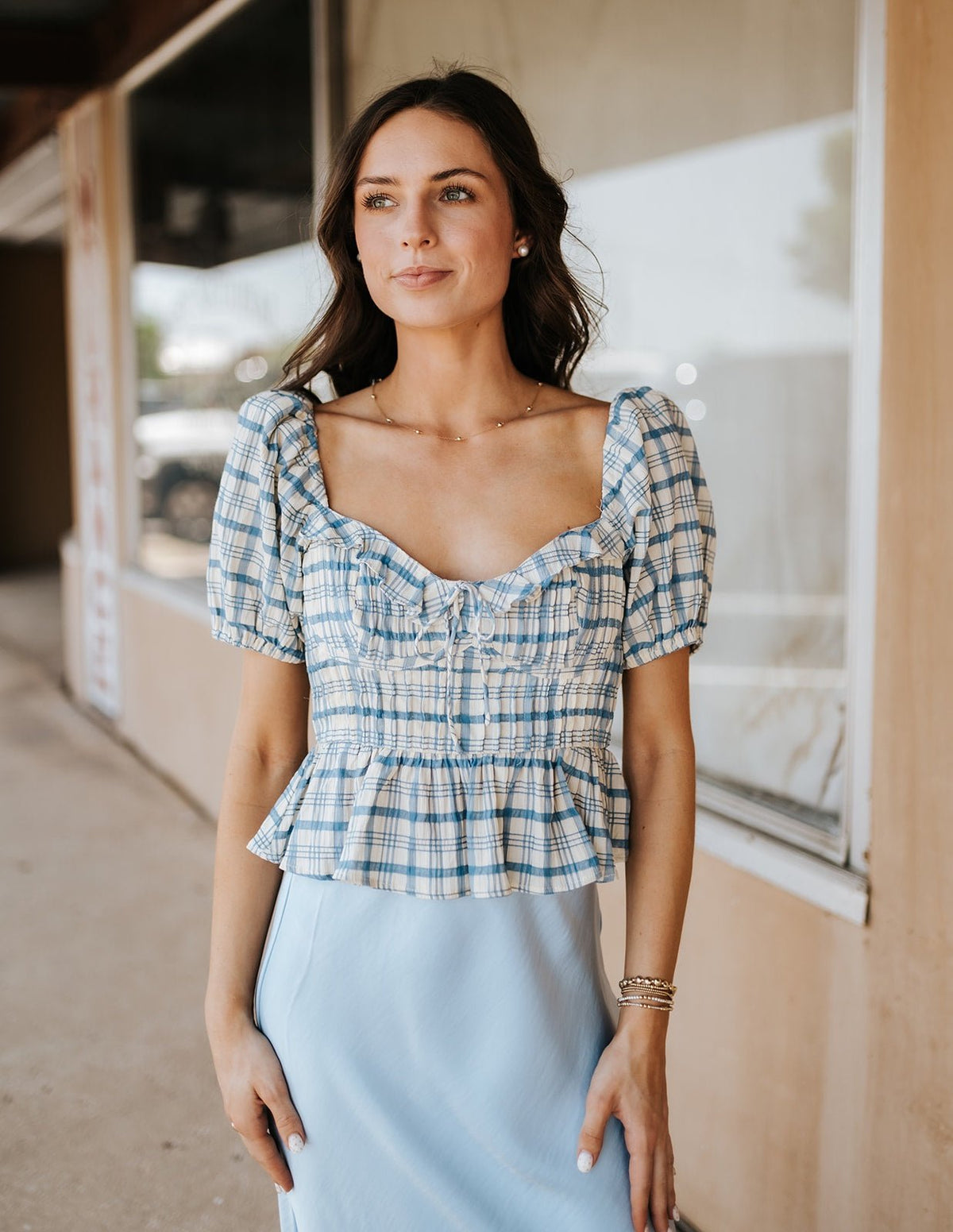Blue Clemence Plaid Blouse S1964T-4 - Southern Soule Designs