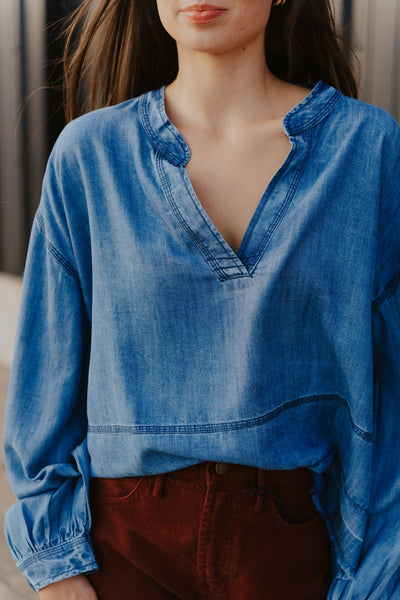 Blue Dark Wash Long Sleeve Henley Top DT11547 - Southern Soule Designs