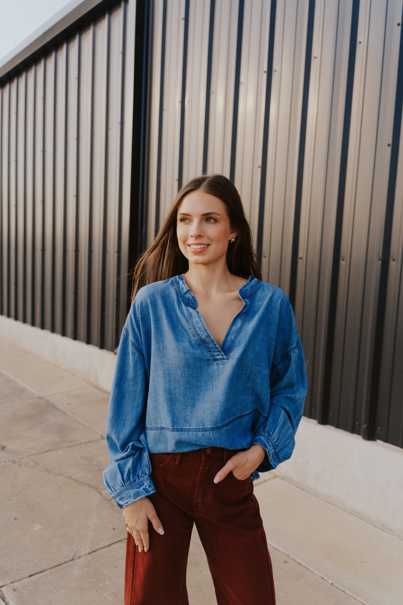 Blue Dark Wash Long Sleeve Henley Top DT11547 - Southern Soule Designs