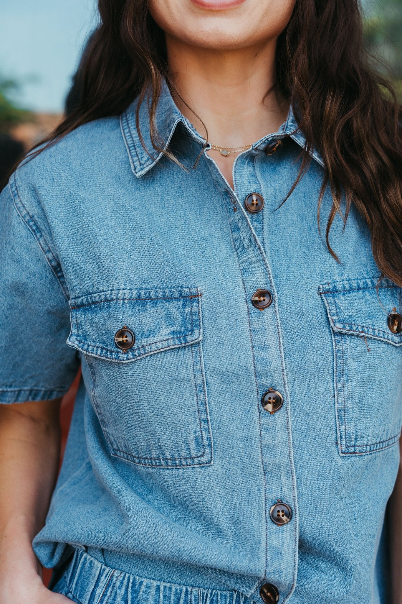 Blue Denim Button Down Top with Slit Hem T26291 - Southern Soule Designs