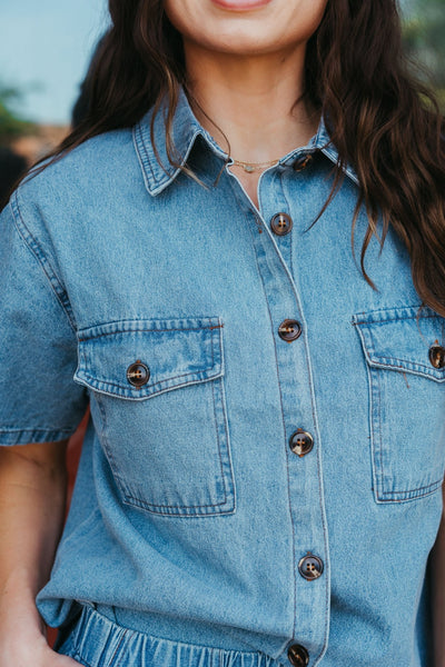Blue Denim Button Down Top with Slit Hem T26291 - Southern Soule Designs