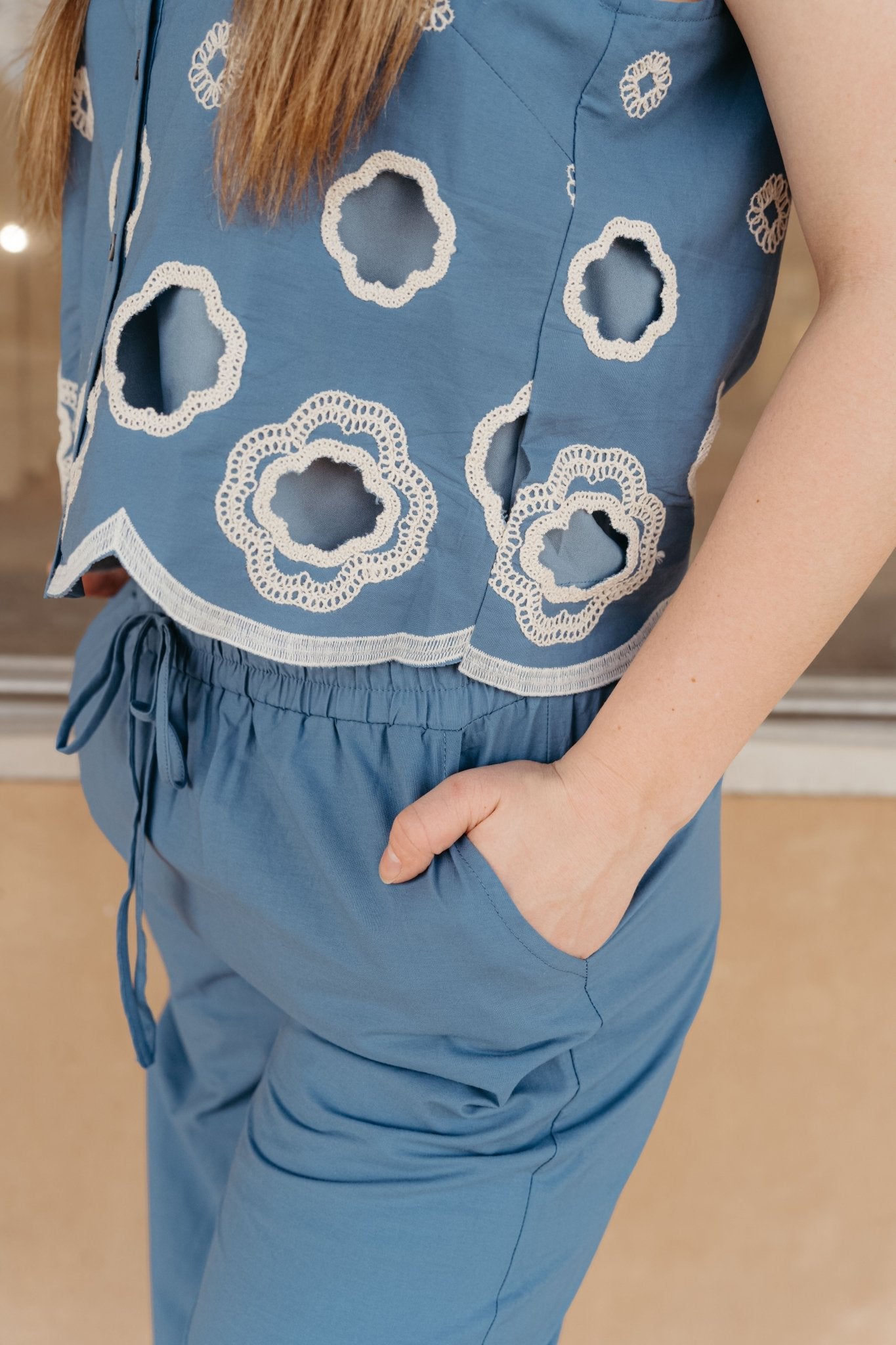 Blue High Waist Scallop Design Pants P26324 - Southern Soule Designs