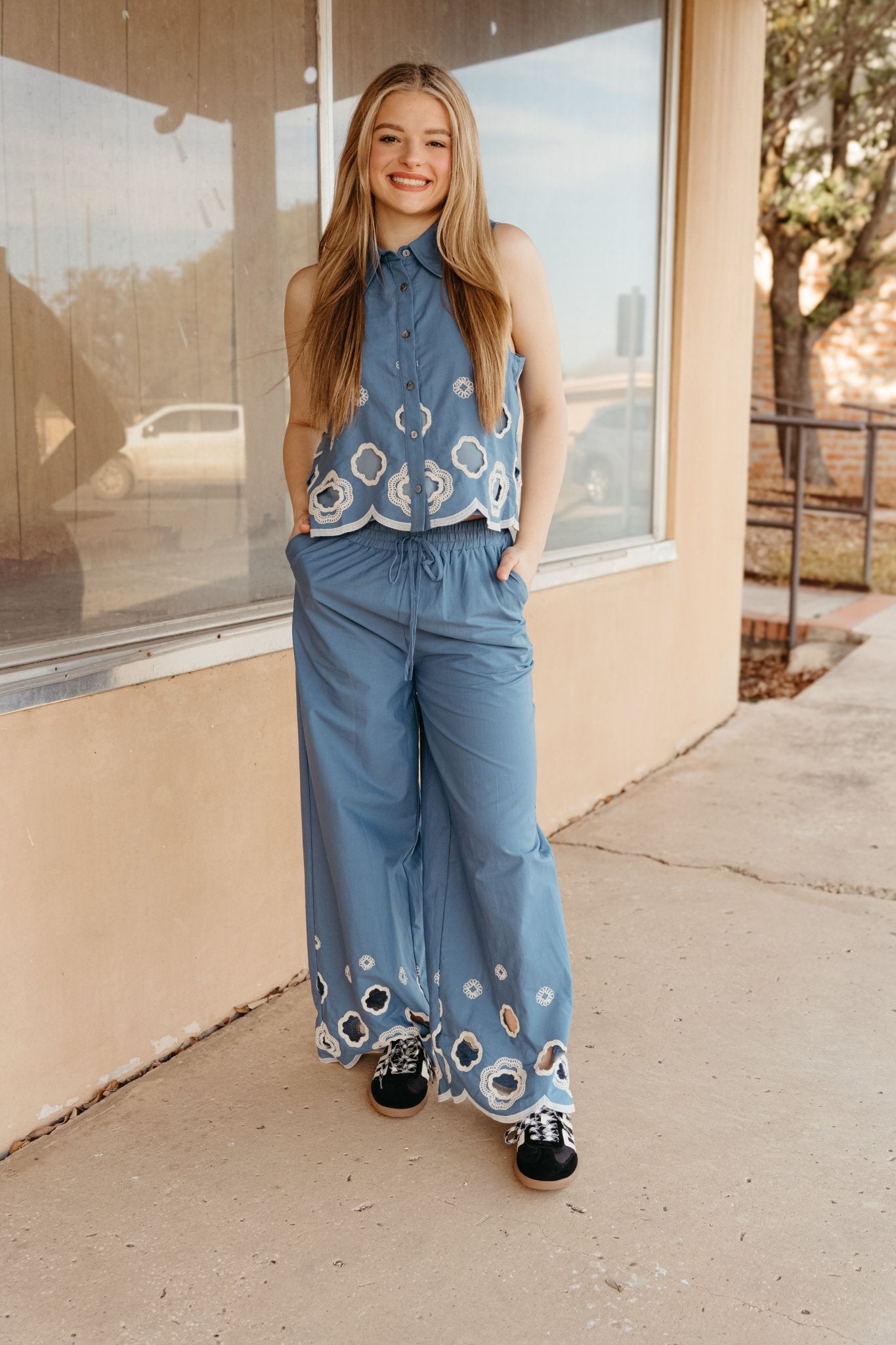 Blue High Waist Scallop Design Pants P26324 - Southern Soule Designs