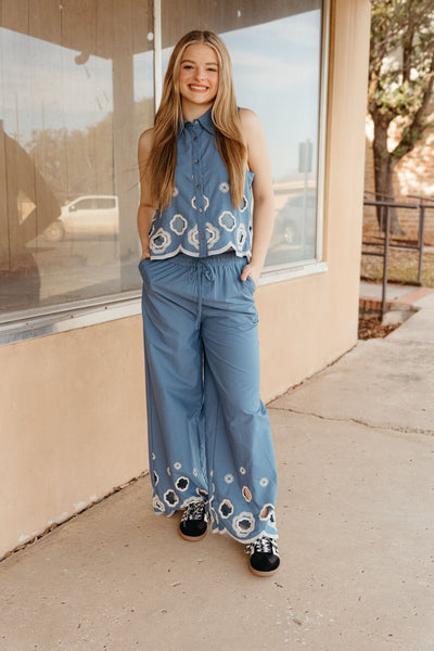 Blue High Waist Scallop Design Pants P26324 - Southern Soule Designs