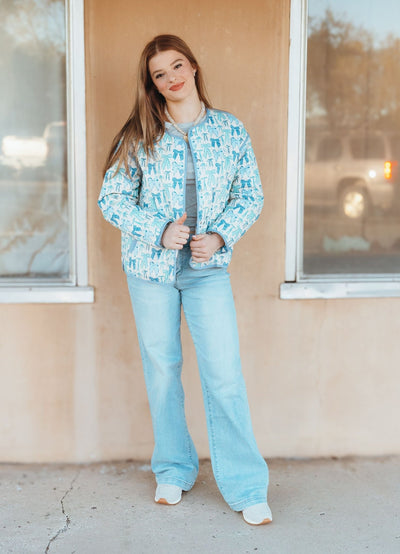 Blue Multi Bow Print Jacket w/Pockets J24661 - Southern Soule Designs