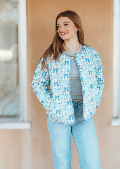 Blue Multi Bow Print Jacket w/Pockets J24661 - Southern Soule Designs