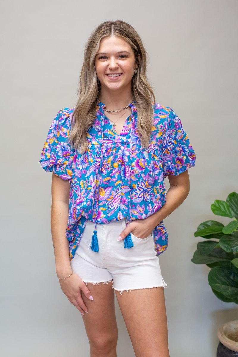 Blue Print Top w/Tassels - Southern Soule Designs