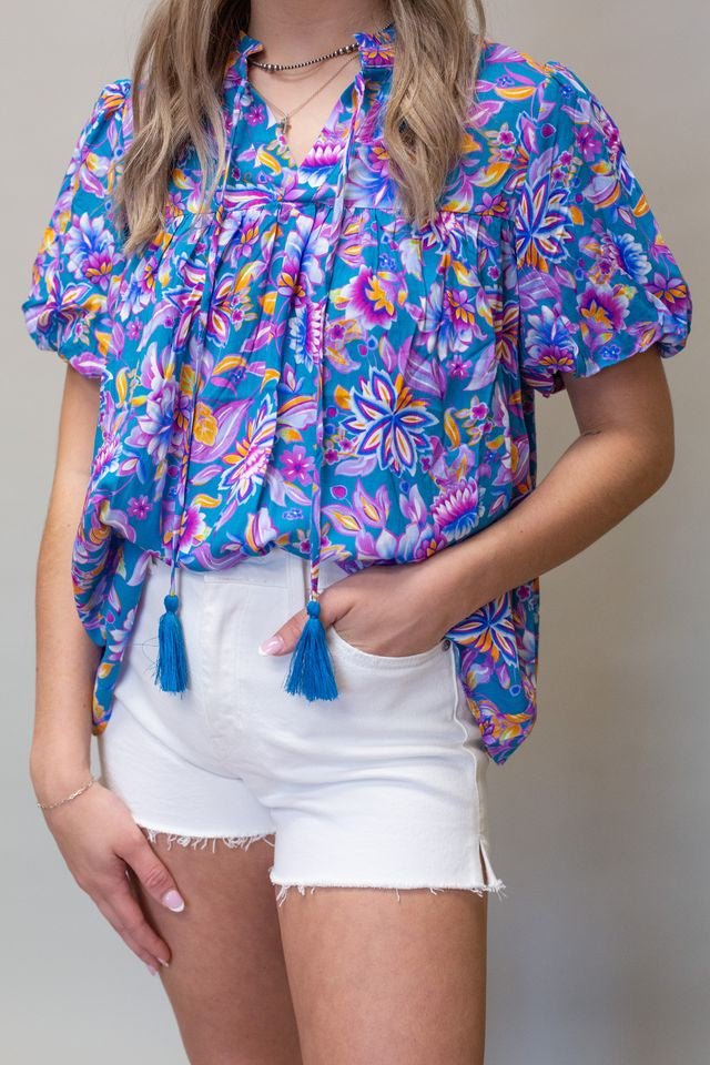 Blue Print Top w/Tassels - Southern Soule Designs