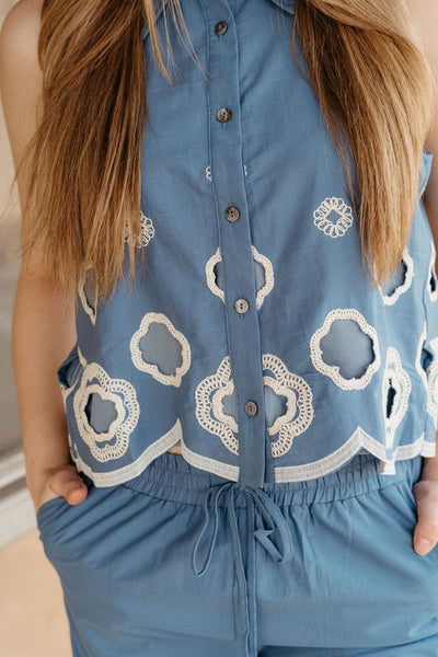 Blue Scallop Design Button Up Tank T26323 - Southern Soule Designs