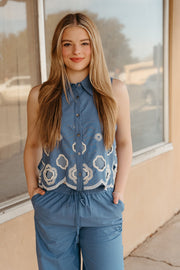 Blue Scallop Design Button Up Tank T26323 - Southern Soule Designs