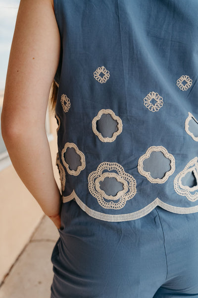 Blue Scallop Design Button Up Tank T26323 - Southern Soule Designs