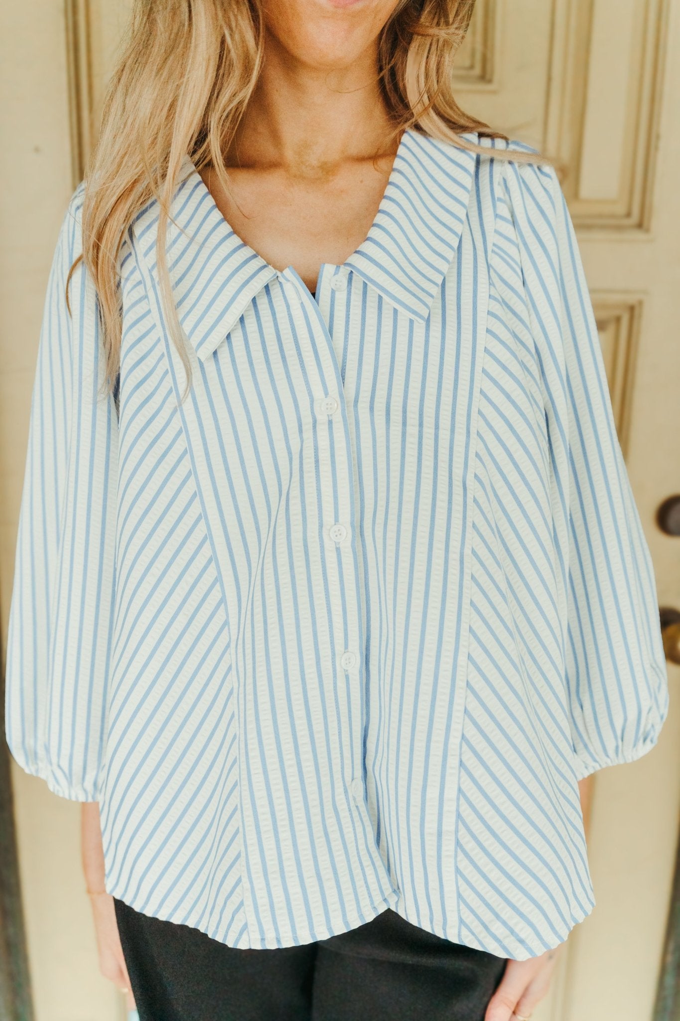 Blue Stripe Chelsea Collar Button Down Top T25851 - Southern Soule Designs