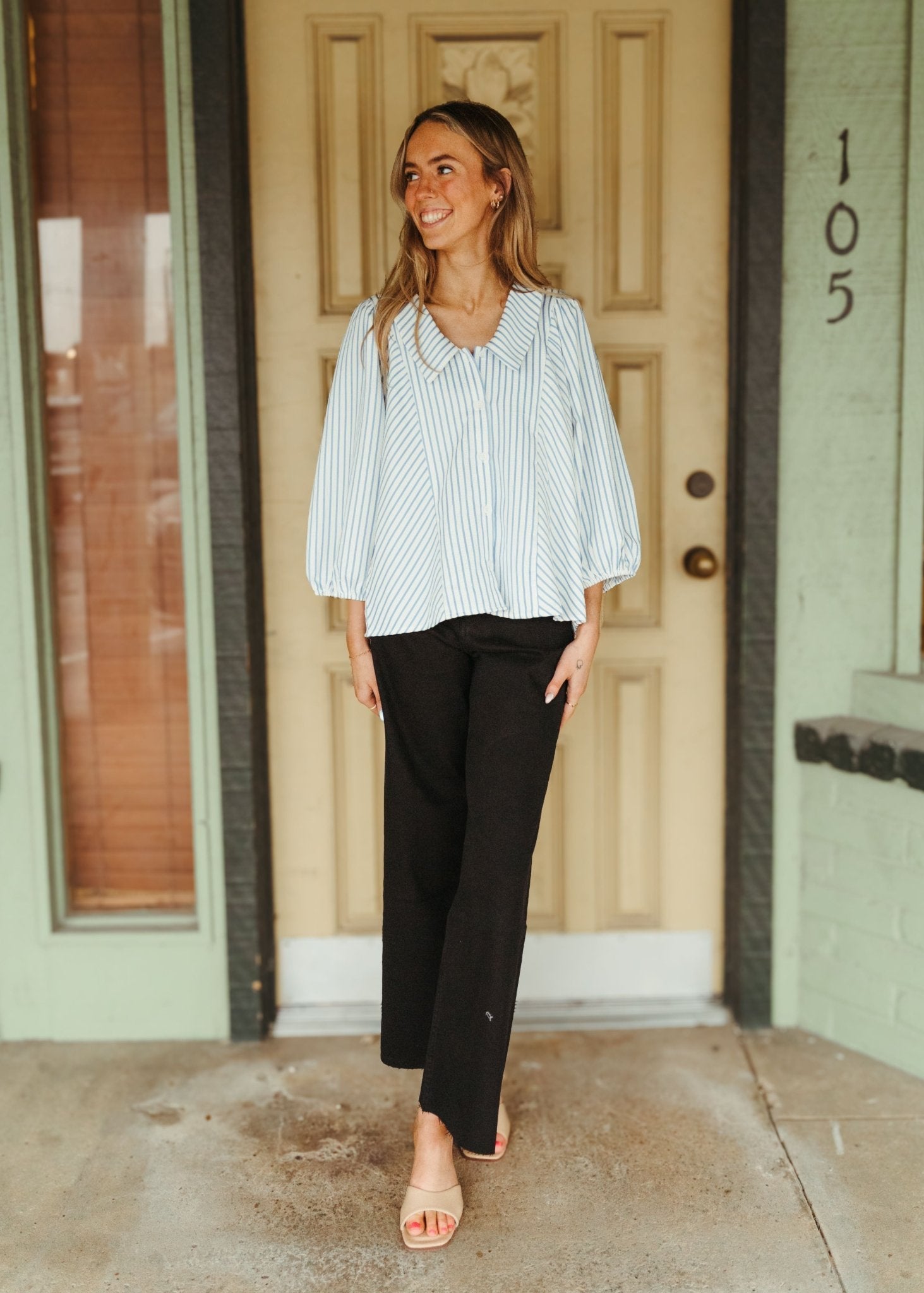 Blue Stripe Chelsea Collar Button Down Top T25851 - Southern Soule Designs