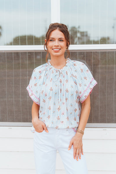 Blue Stripe Garden Party Short Sleeve Blouse IT18047 - Southern Soule Designs